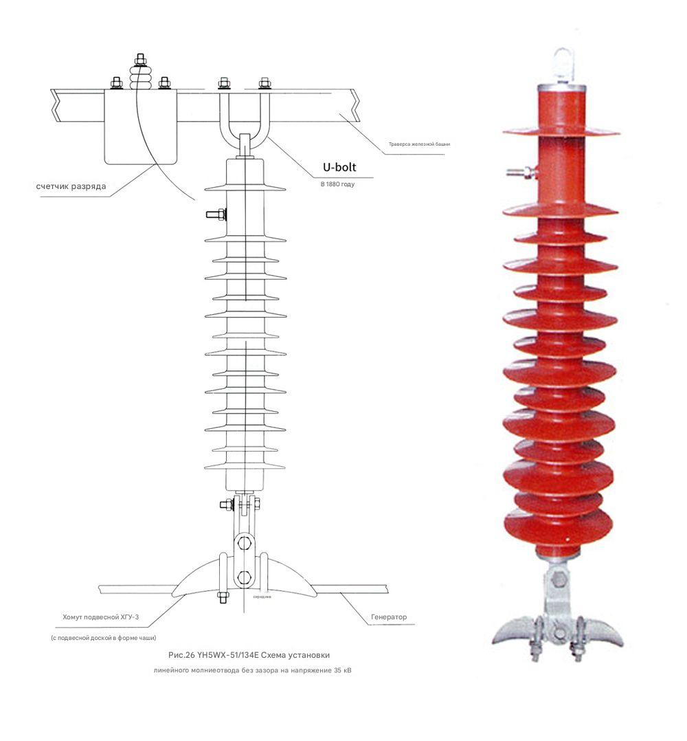 Подвесной беззазорный линейный грозозащитный разрядник YH5WX-51/134E 35KV Подвесной беззазорный линейный грозозащитный разрядник YH5WX-51/134E 35KV